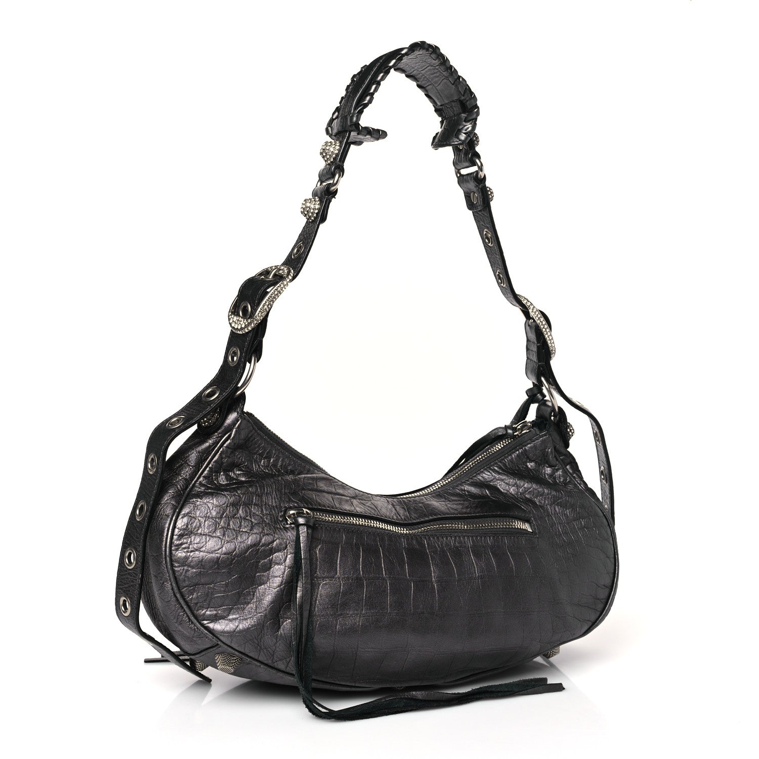 Balenciaga Metallic Calfskin Crocodile Embossed Crystal Small Le Cagole Shoulder Bag Gunmetal 3 of 9