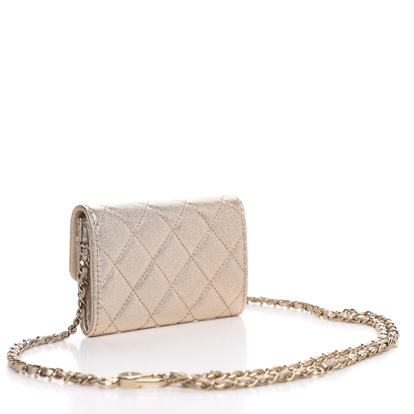 Metallic Lambskin Quilted Flap Chain Waist Bag Gold