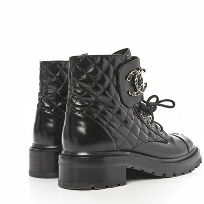 Chanel Shiny Goatskin Calfskin Quilted Lace Up Combat Boots 40 Black 4 of 8