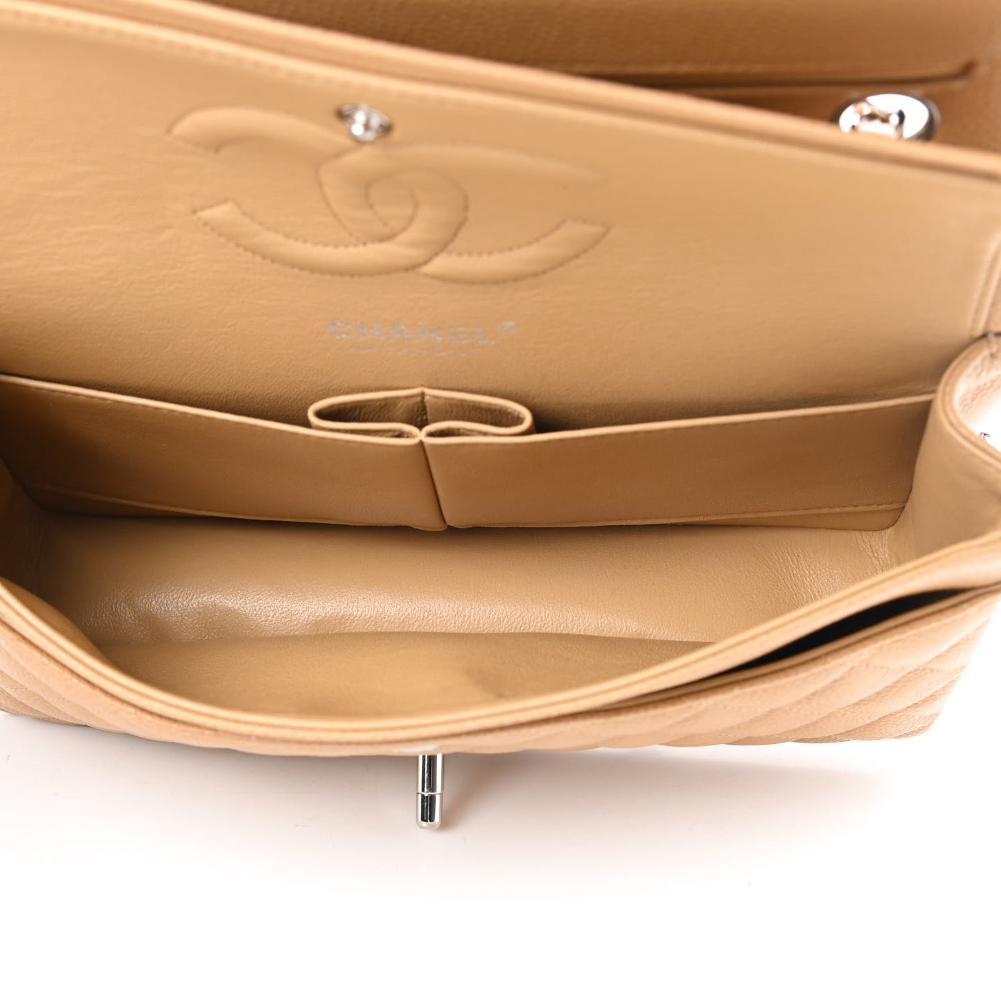 Caviar Quilted Medium Double Flap Beige