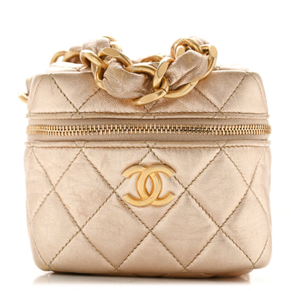 Chanel Metallic Lambskin Quilted Cube Chain Wristlet Case Gold 1 of 13