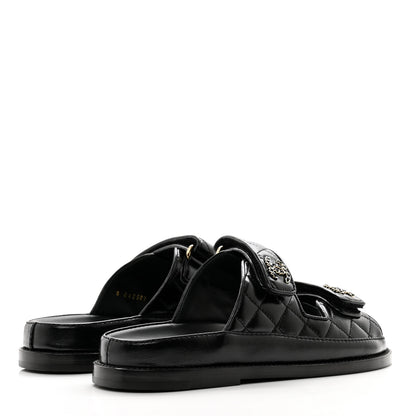 Chanel Lambskin Quilted Velcro Dad Chain CC Slide Sandals 36 Black 4 of 9