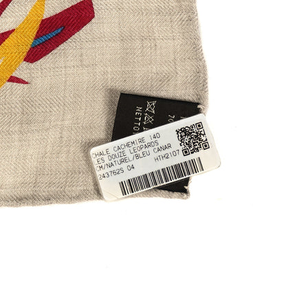Hermes Cashmere Silk Les Douze Leopards Shawl 140 Naturel Bleu Canard 3 of 3