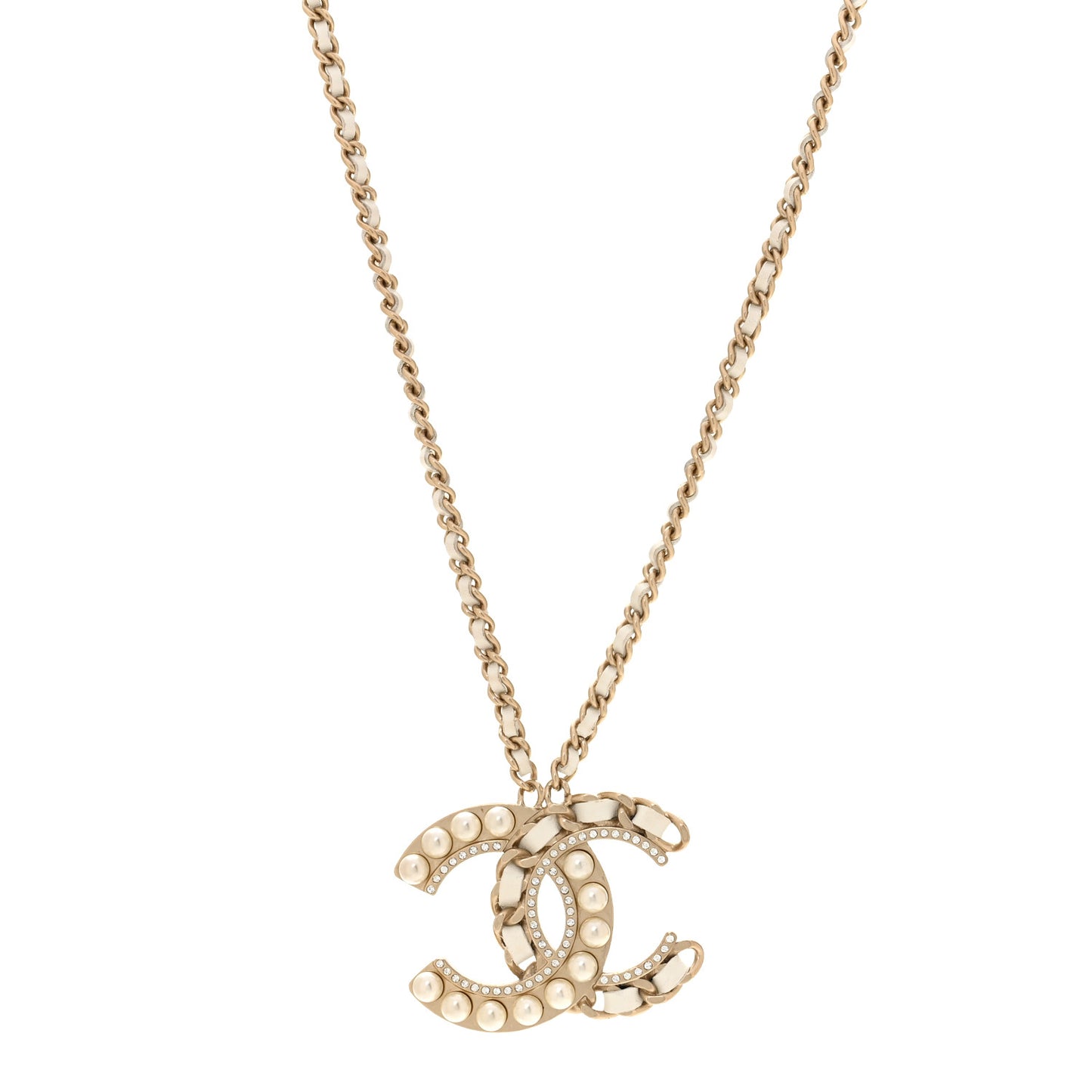Pearl Crystal Lambskin Chain CC Necklace White Gold