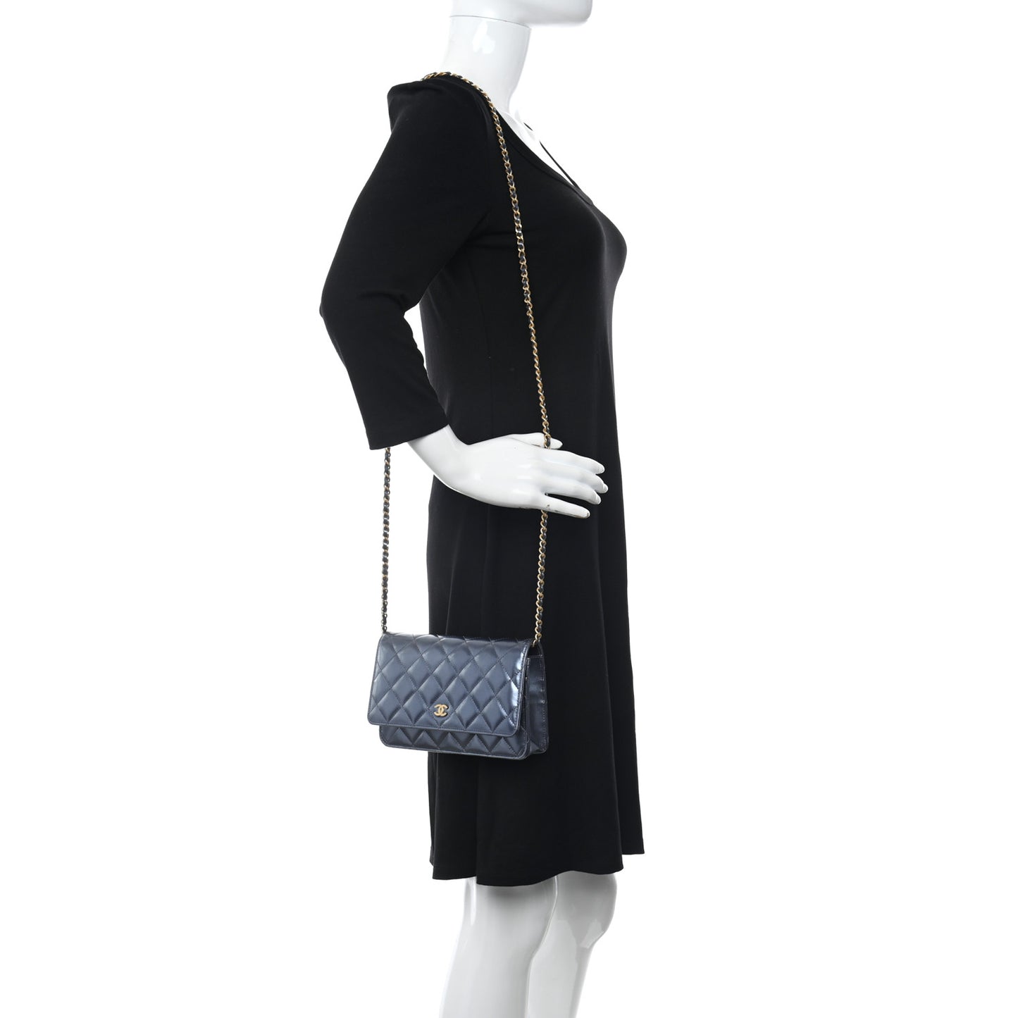 Metallic Lambskin Wallet On Chain WOC Dark Blue