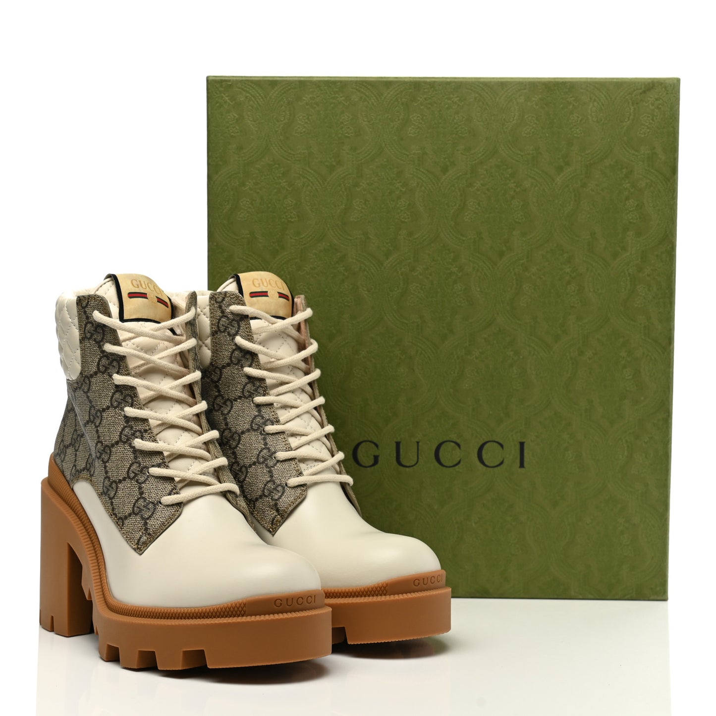 Calfskin GG Supreme Monogram Nappa Quilted Lace Up Ankle Boots 39.5 Mystic White Beige