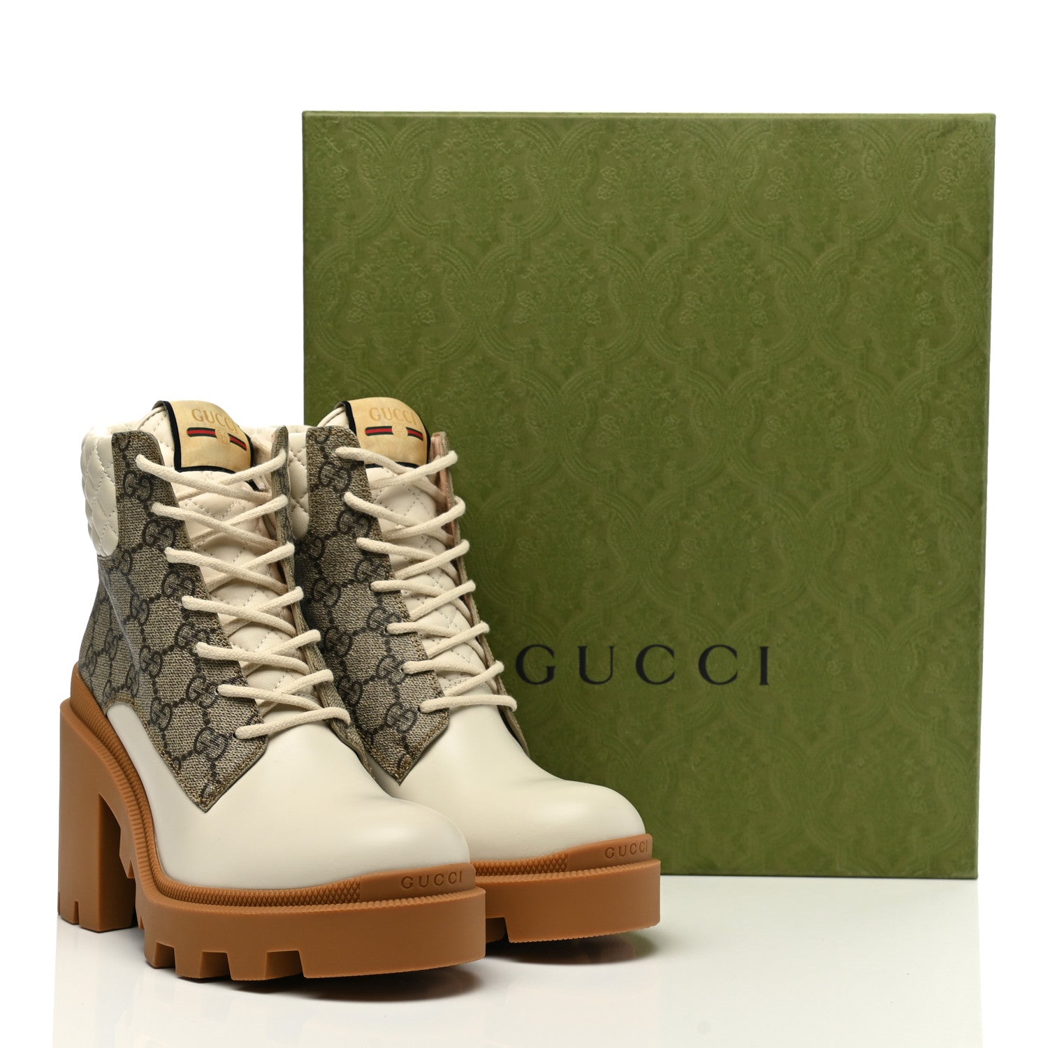 Gucci Calfskin GG Supreme Monogram Nappa Quilted Lace Up Ankle Boots 39.5 Mystic White Beige 10 of 10