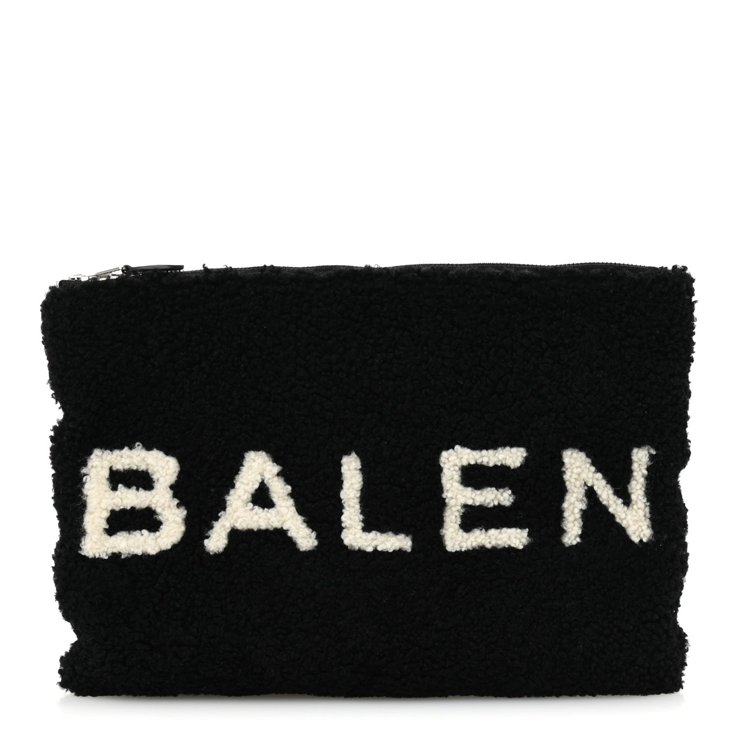 Sheepskin Shearling Contrasted Logo Large Zip Pouch Black