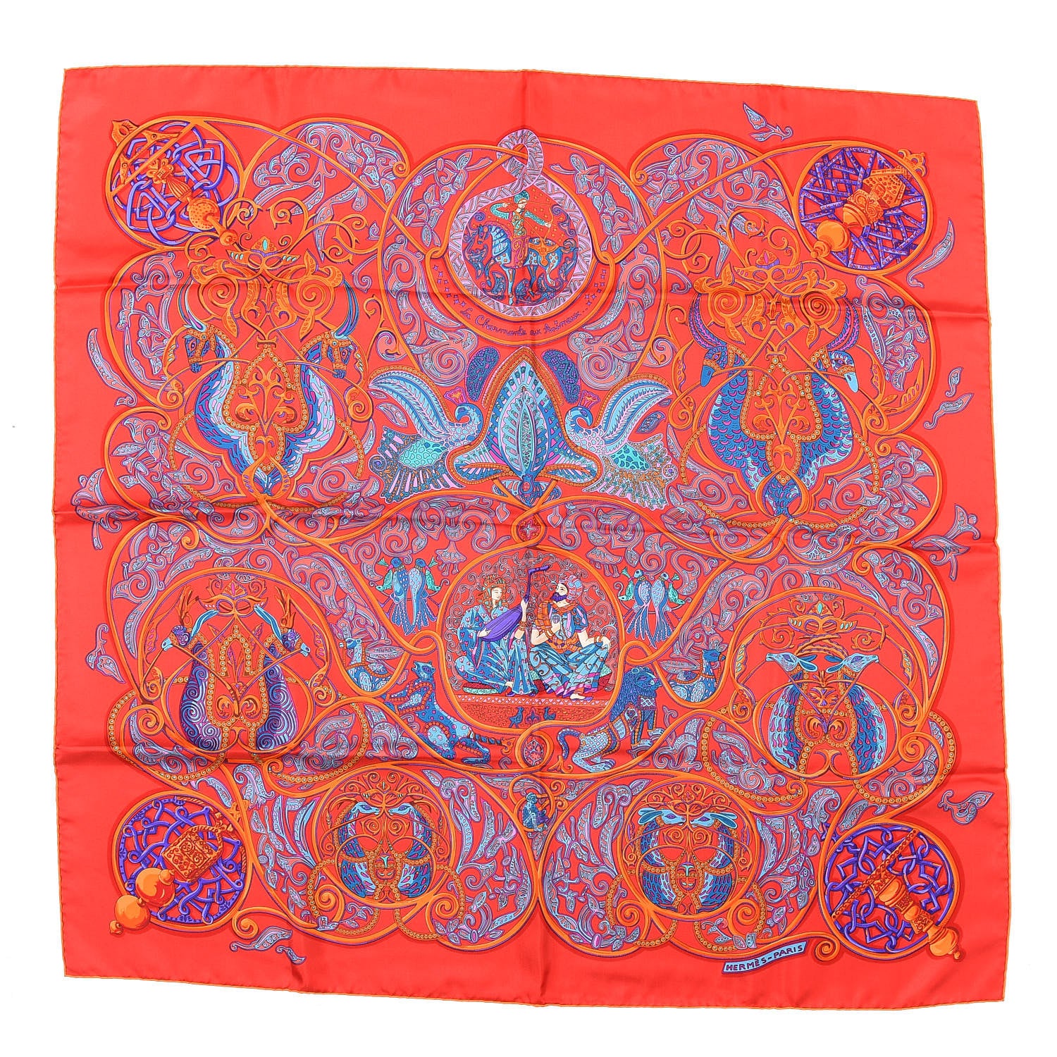 Hermes Silk La Charmante Aux Animaux Scarf 90 Rouge Vif Orange Petrole 1 of 5