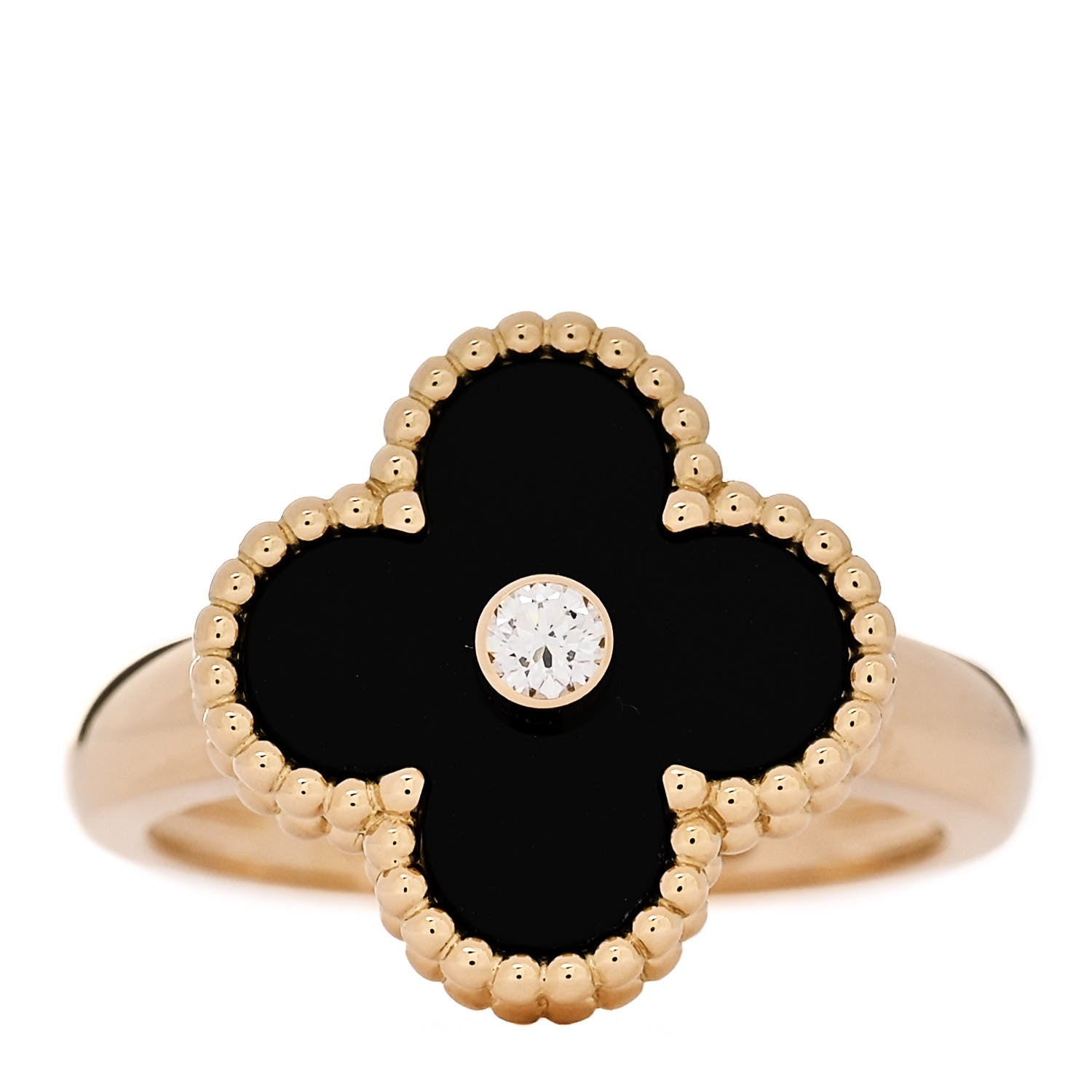Van Cleef & Arpels 18K Yellow Gold Diamond Black Onyx Vintage Alhambra Ring 54 7 1 of 6