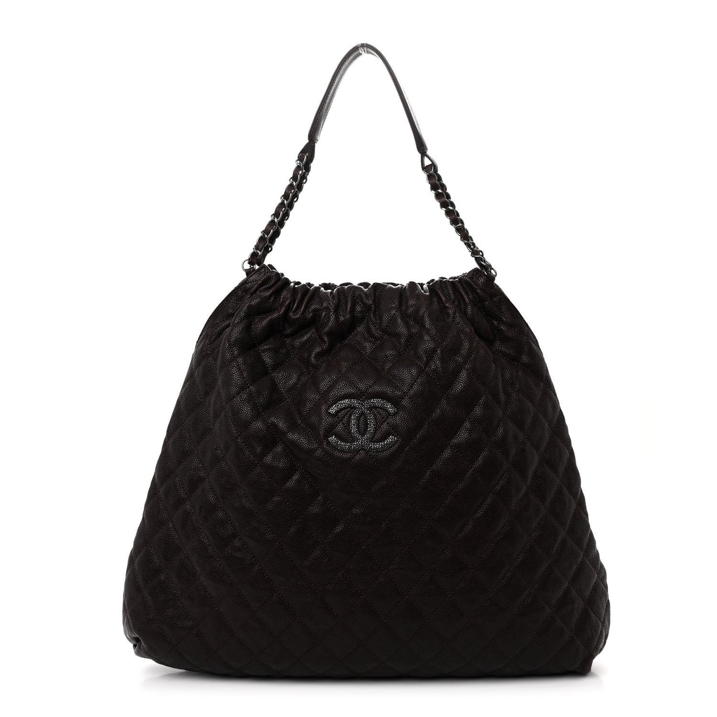 Distressed Glazed Caviar Quilted Large Elastic Tote Brown