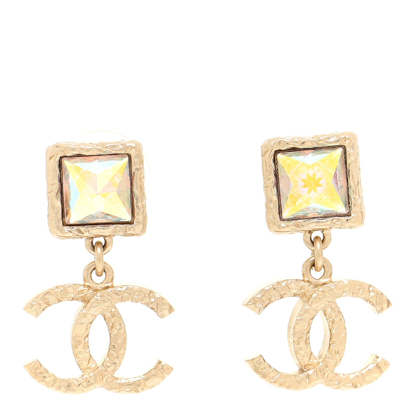 Iridescent Baguette Crystal CC Drop Earrings Gold