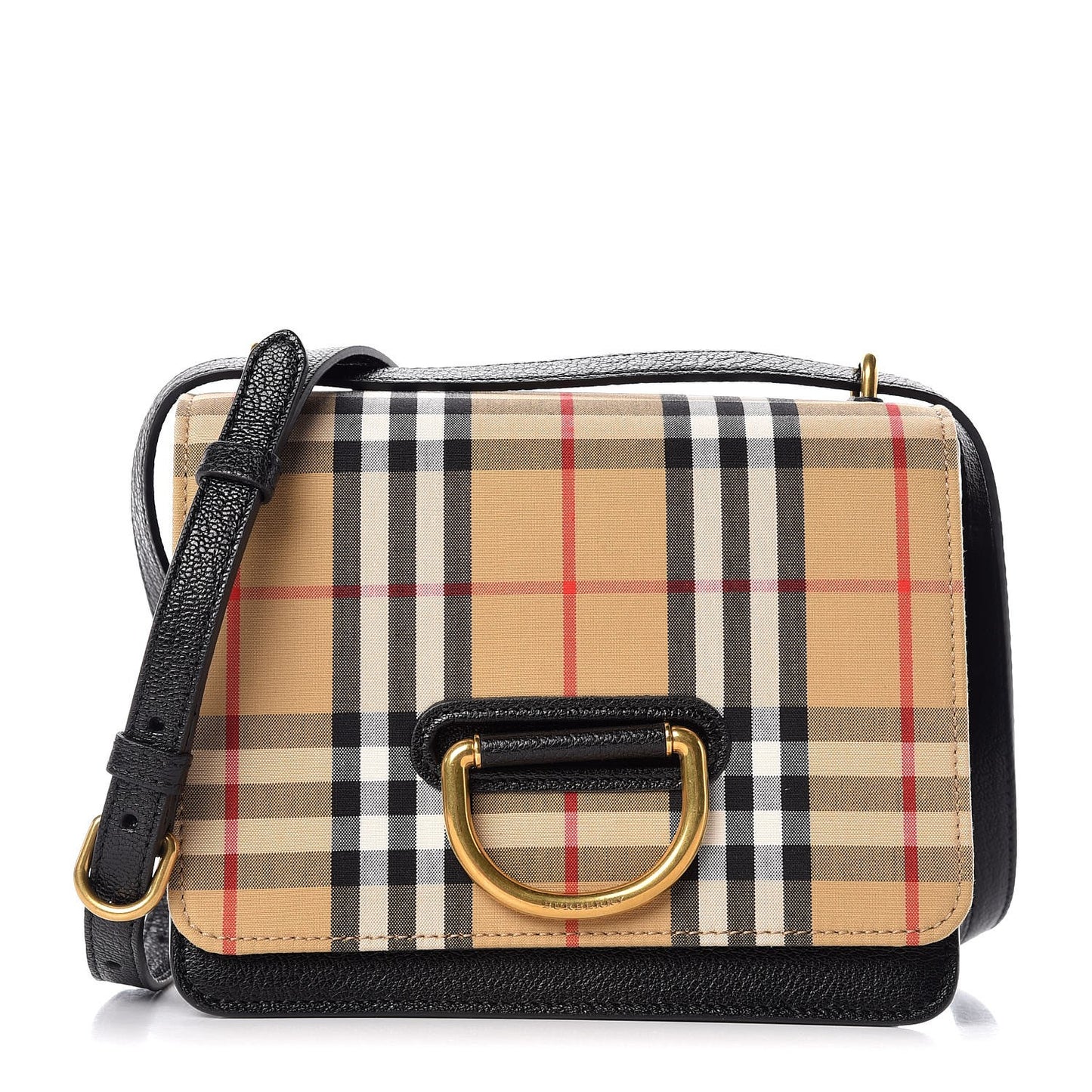Goatskin Cotton Canvas Vintage Check Small D-Ring Bag Black Antique Yellow