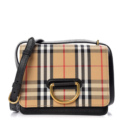 Burberry Goatskin Cotton Canvas Vintage Check Small D-Ring Bag Black Antique Yellow 1 of 8