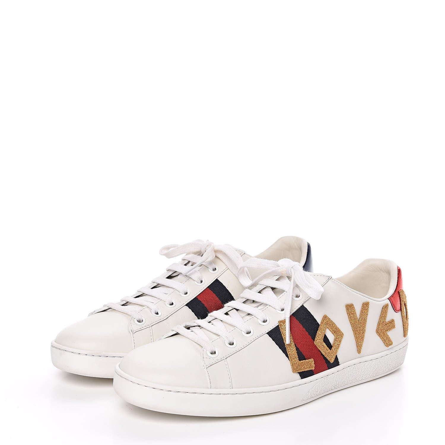 Gucci Calfskin Nappa Web LOVED Embroidered Womens Ace Sneakers 40 White Red Flame Notte 3 of 10