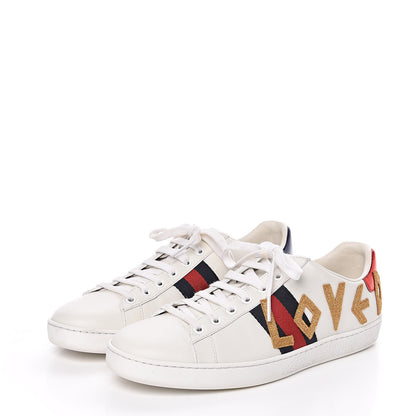 Gucci Calfskin Nappa Web LOVED Embroidered Womens Ace Sneakers 40 White Red Flame Notte 3 of 10