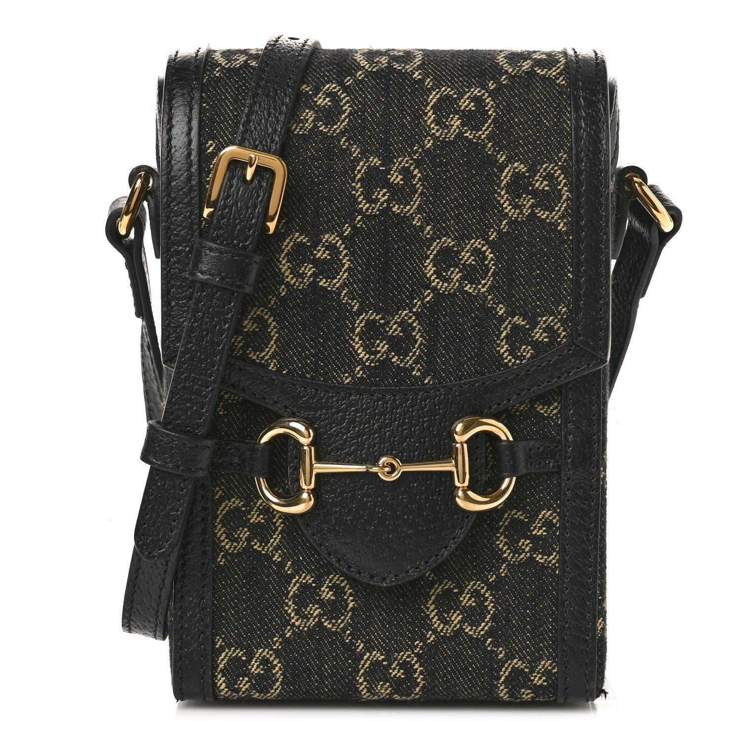 Gucci Jacquard Black Denim GG Monogram Textured Dollar Calfskin Mini Horsebit 1955 Crossbody Bag Black Ivory 1 of 9
