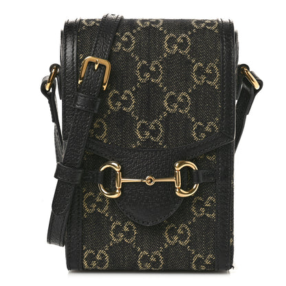 Gucci Jacquard Black Denim GG Monogram Textured Dollar Calfskin Mini Horsebit 1955 Crossbody Bag Black Ivory 1 of 9