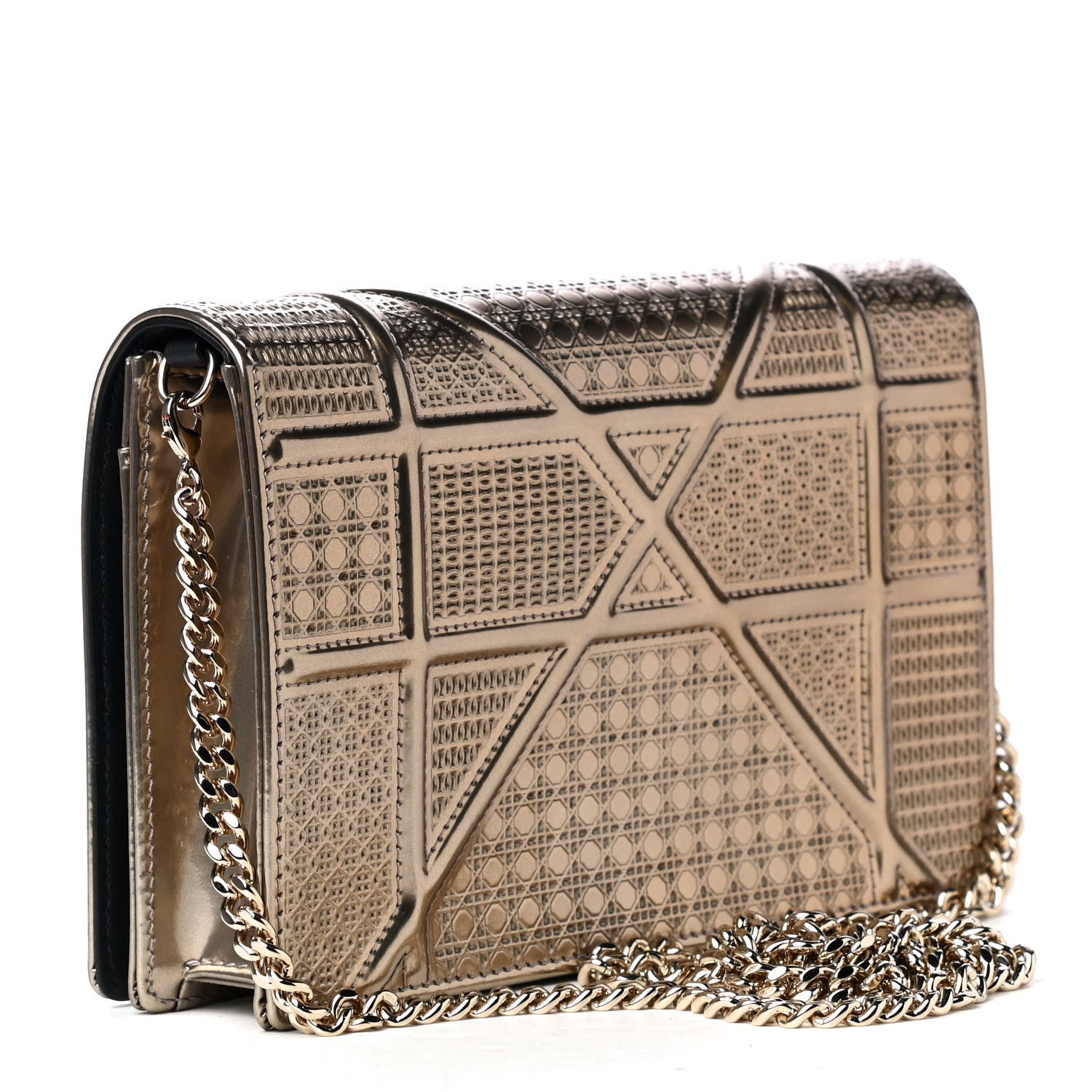 Christian Dior Metallic Patent Micro-Cannage Diorama Wallet on Chain Pouch Gold 2 of 4