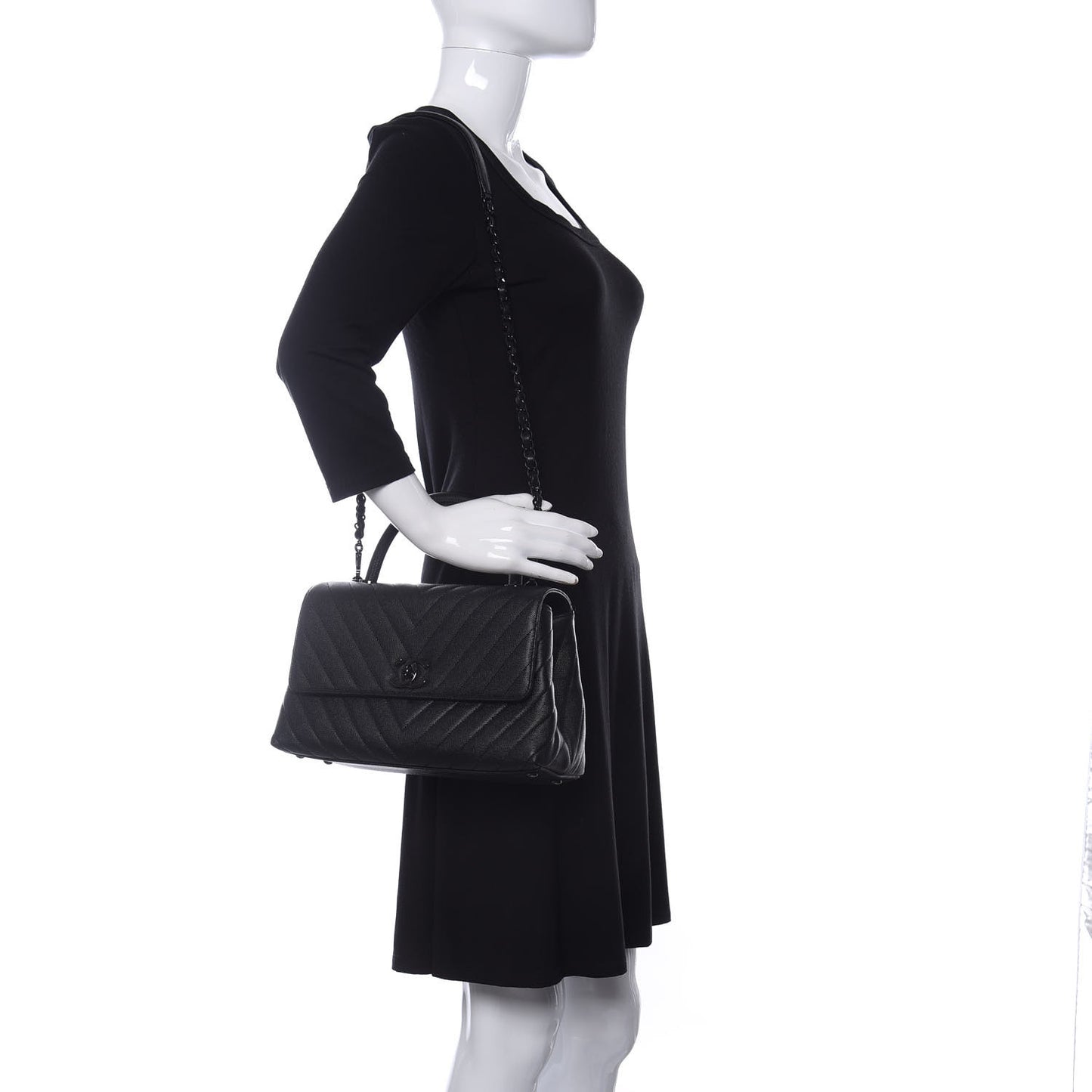 Caviar Chevron Quilted Small Coco Handle Flap So Black