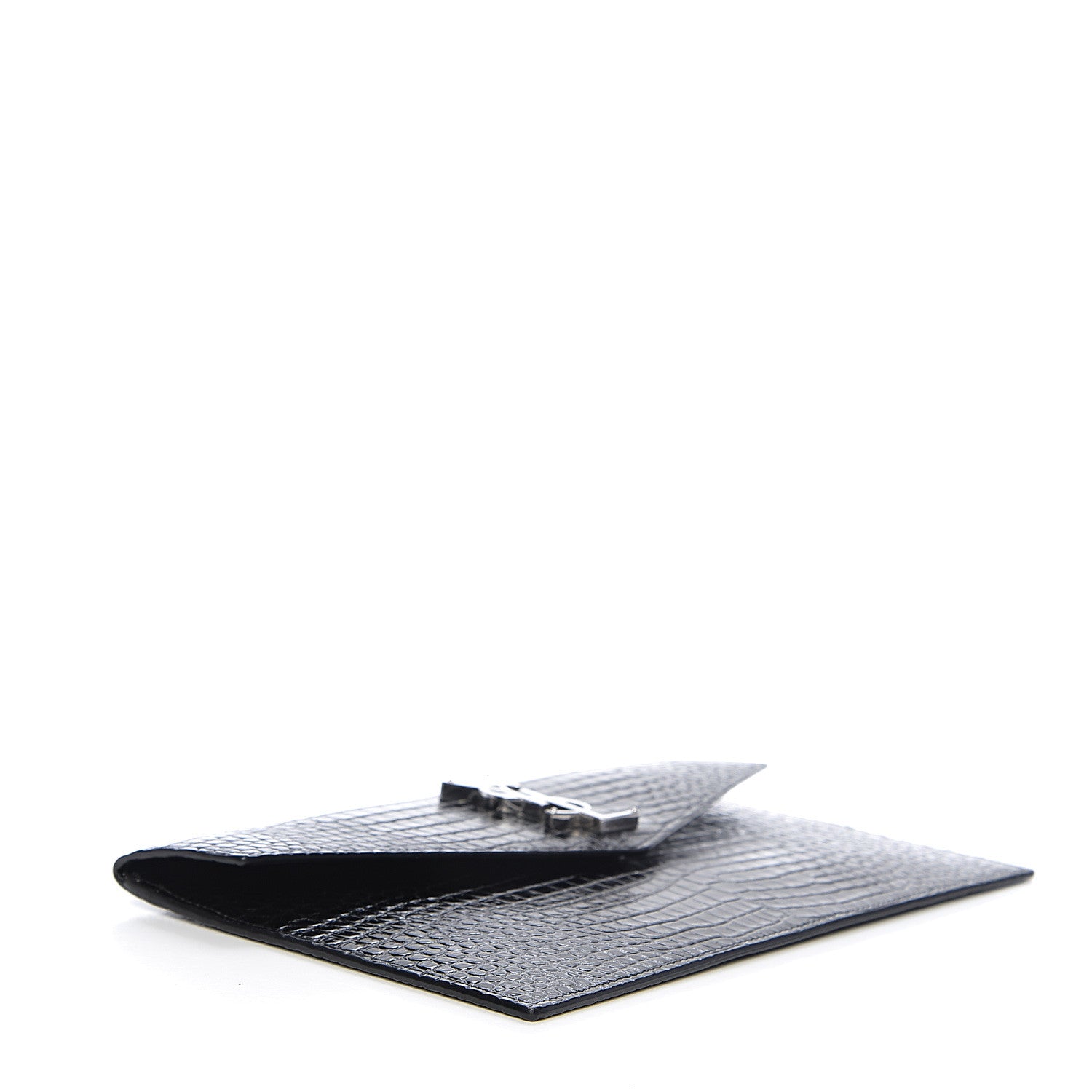 Saint Laurent Calfskin Crocodile Embossed Uptown Monogram Clutch Black 3 of 6