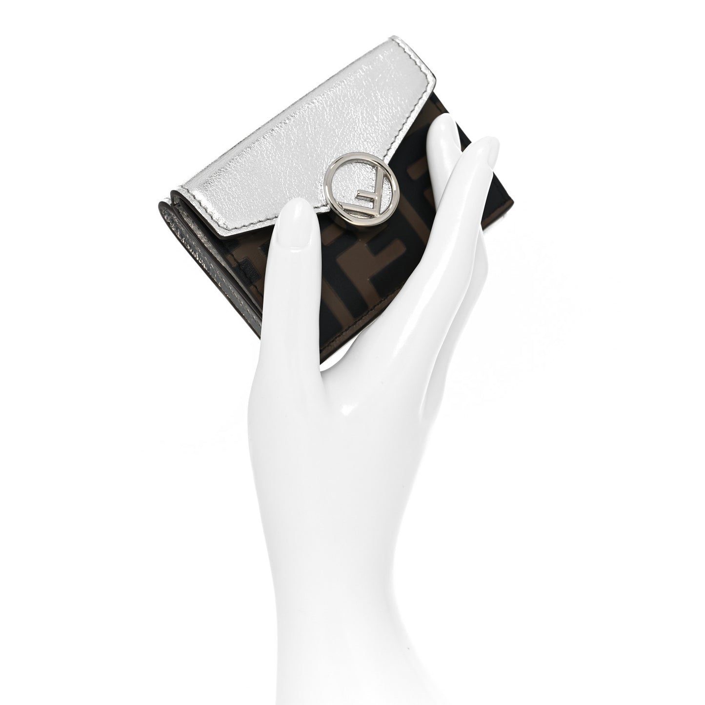 Vitello Soft Catalan Mirror F is Fendi Bi-Color FF 1974 Embossed Micro Tri-Fold Envelope Wallet Maya Black Argento