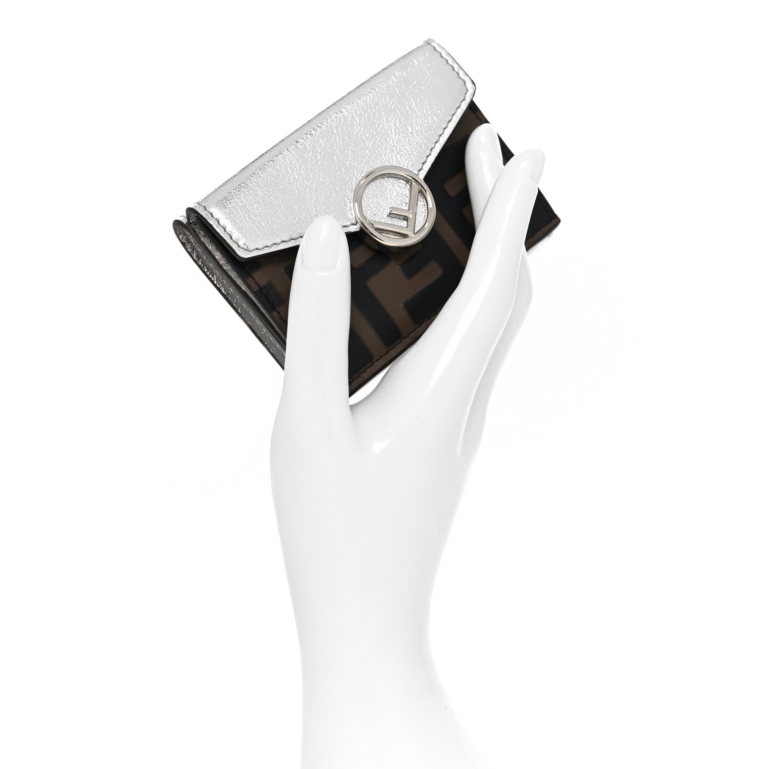Fendi Vitello Soft Catalan Mirror F is Fendi Bi-Color FF 1974 Embossed Micro Tri-Fold Envelope Wallet Maya Black Argento 2 of 11