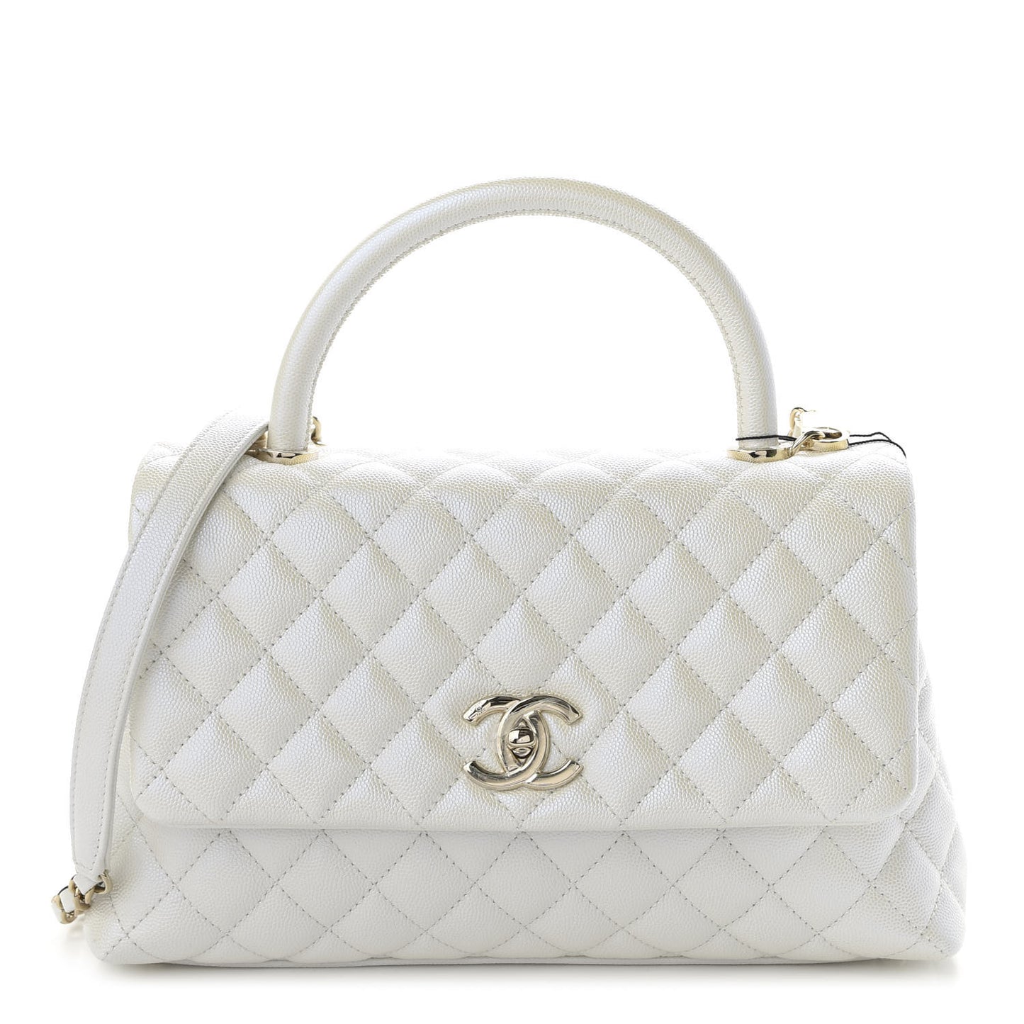 Iridescent Caviar Quilted Small Coco Handle Flap White