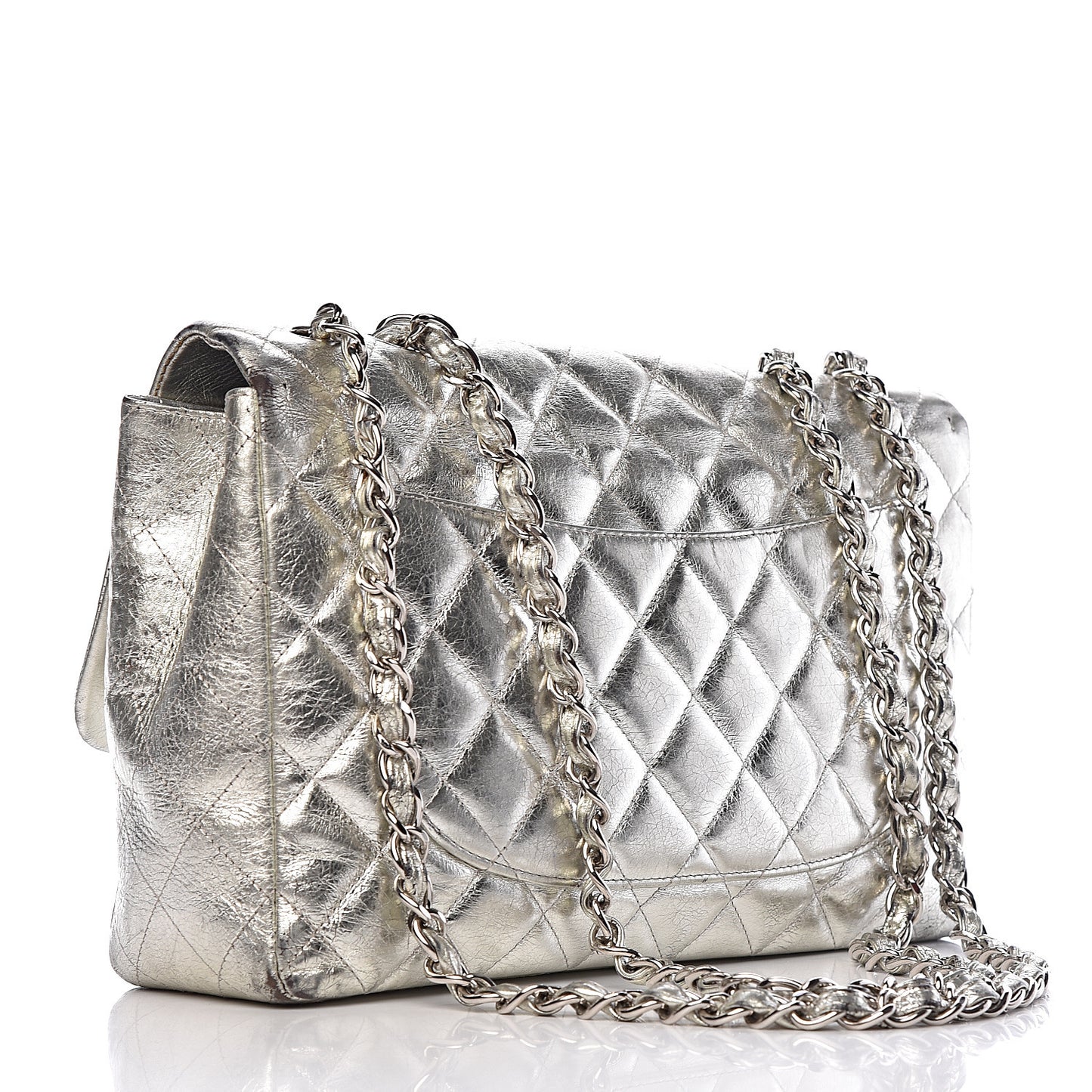 Metallic Aged Calfskin Quilted Jumbo Single Flap Silver