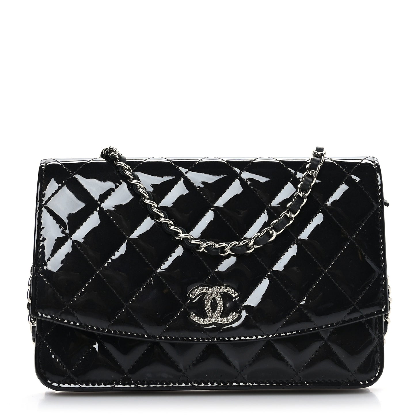 Patent Quilted Brilliant Wallet On Chain WOC Black