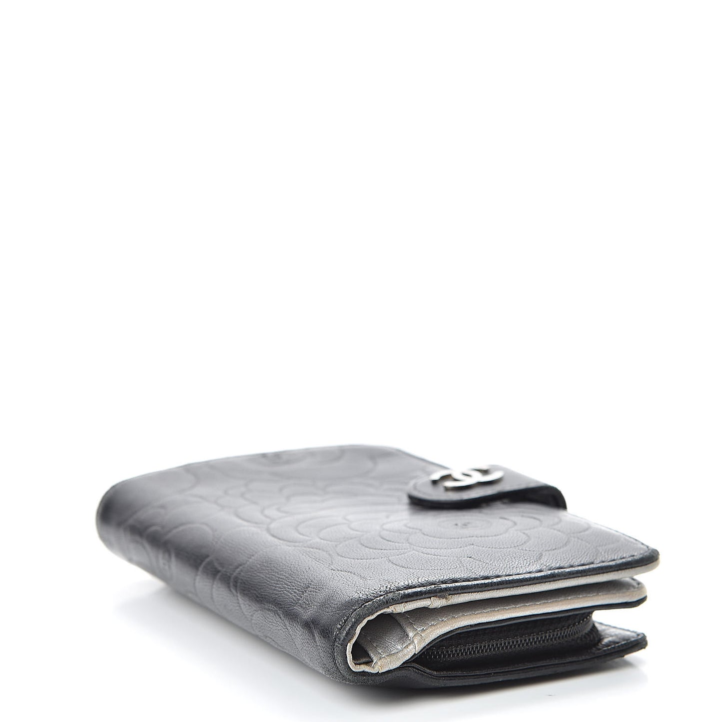 Lambskin Camellia Embossed Zipped Pocket Wallet Black