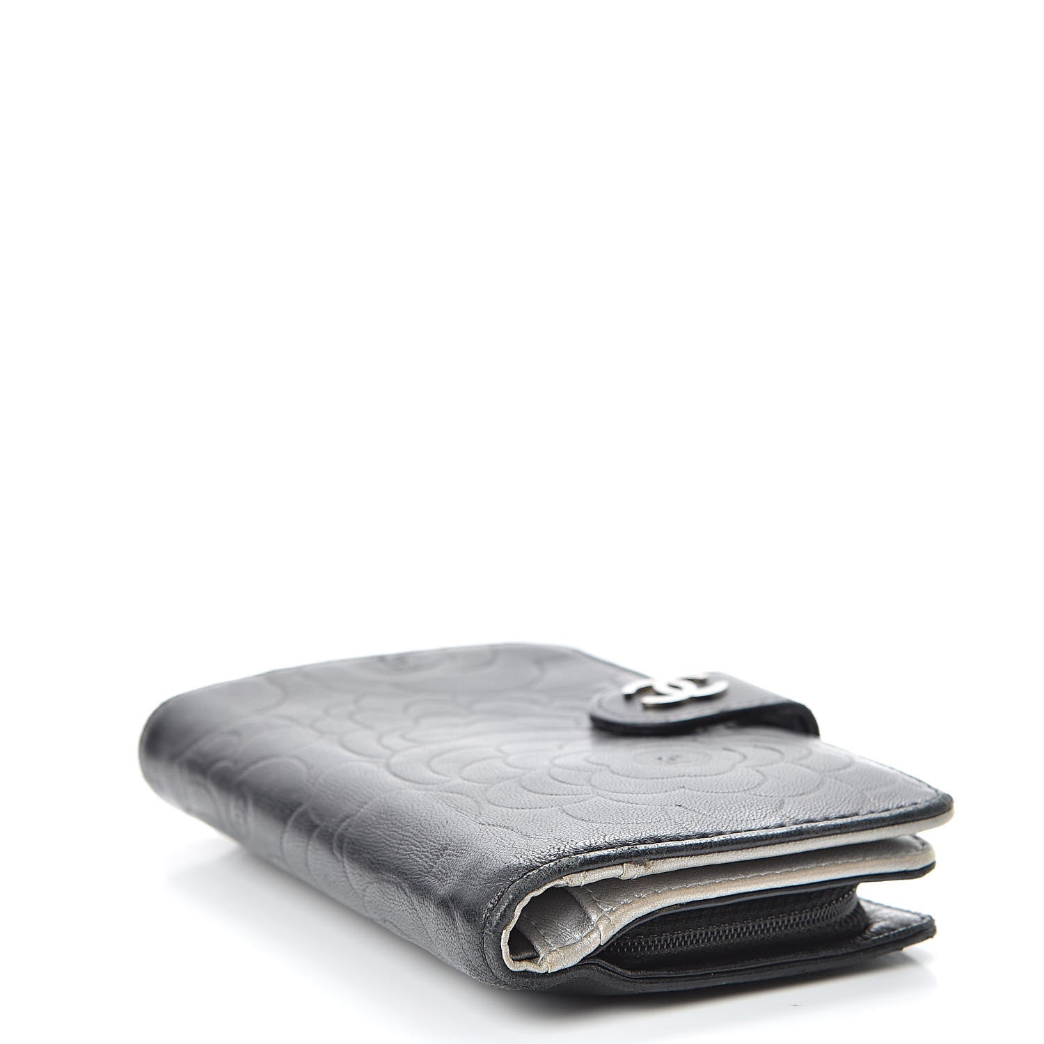 Chanel Lambskin Camellia Embossed Zipped Pocket Wallet Black 4 of 19