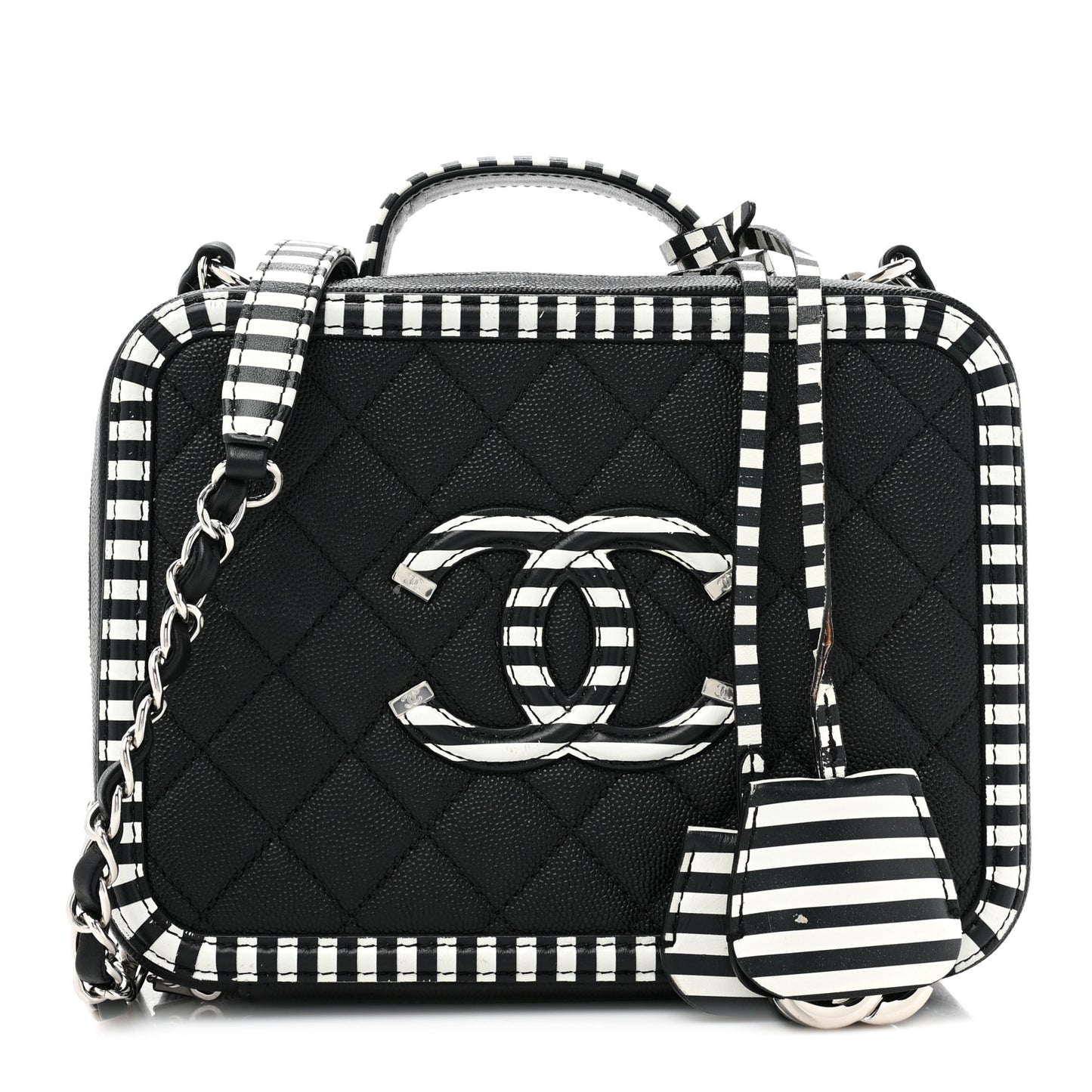 Caviar Quilted Striped Medium CC Filigree Vanity Case Black White