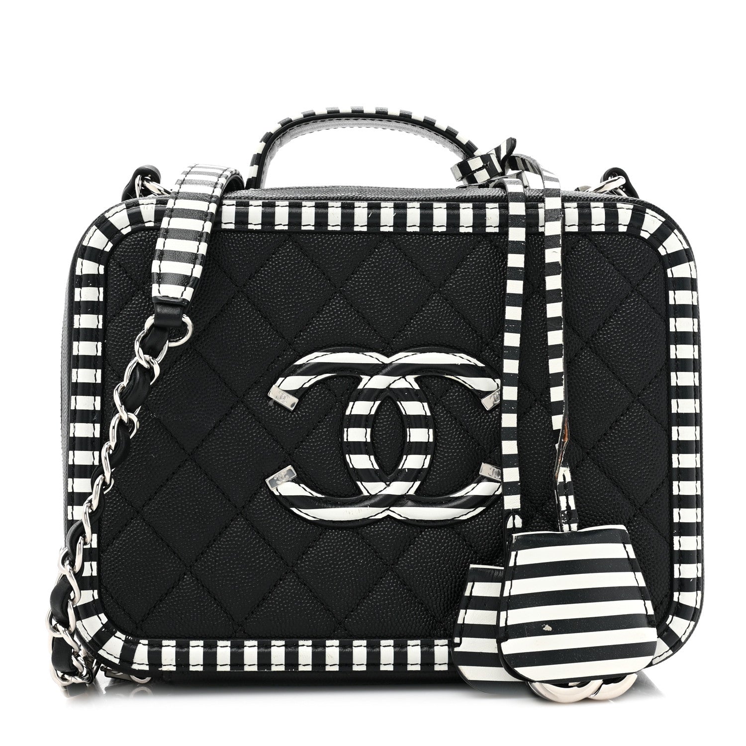 Chanel Caviar Quilted Striped Medium CC Filigree Vanity Case Black White 1 of 14