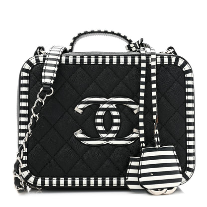 Chanel Caviar Quilted Striped Medium CC Filigree Vanity Case Black White 1 of 14
