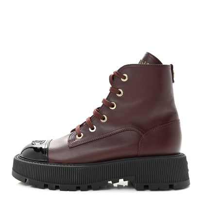 Chanel Calfskin Patent Calfskin CC Lace Up Combat Boots 40 Burgundy Black 1 of 10