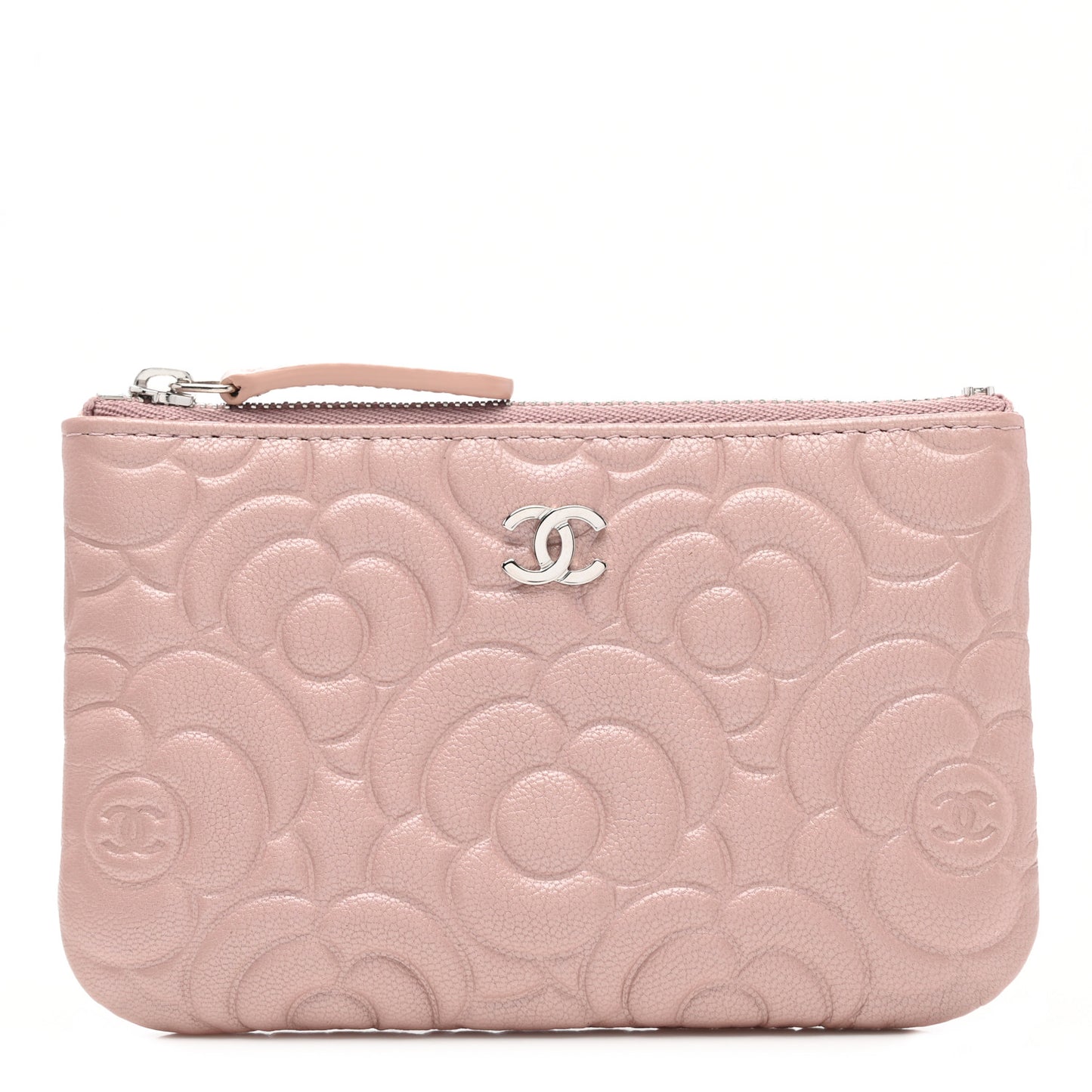 Goatskin Camellia Embossed Cosmetic Pouch Light Pink