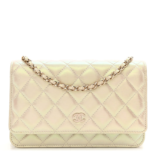 Iridescent Lambskin Quilted Wallet On Chain WOC Ivory