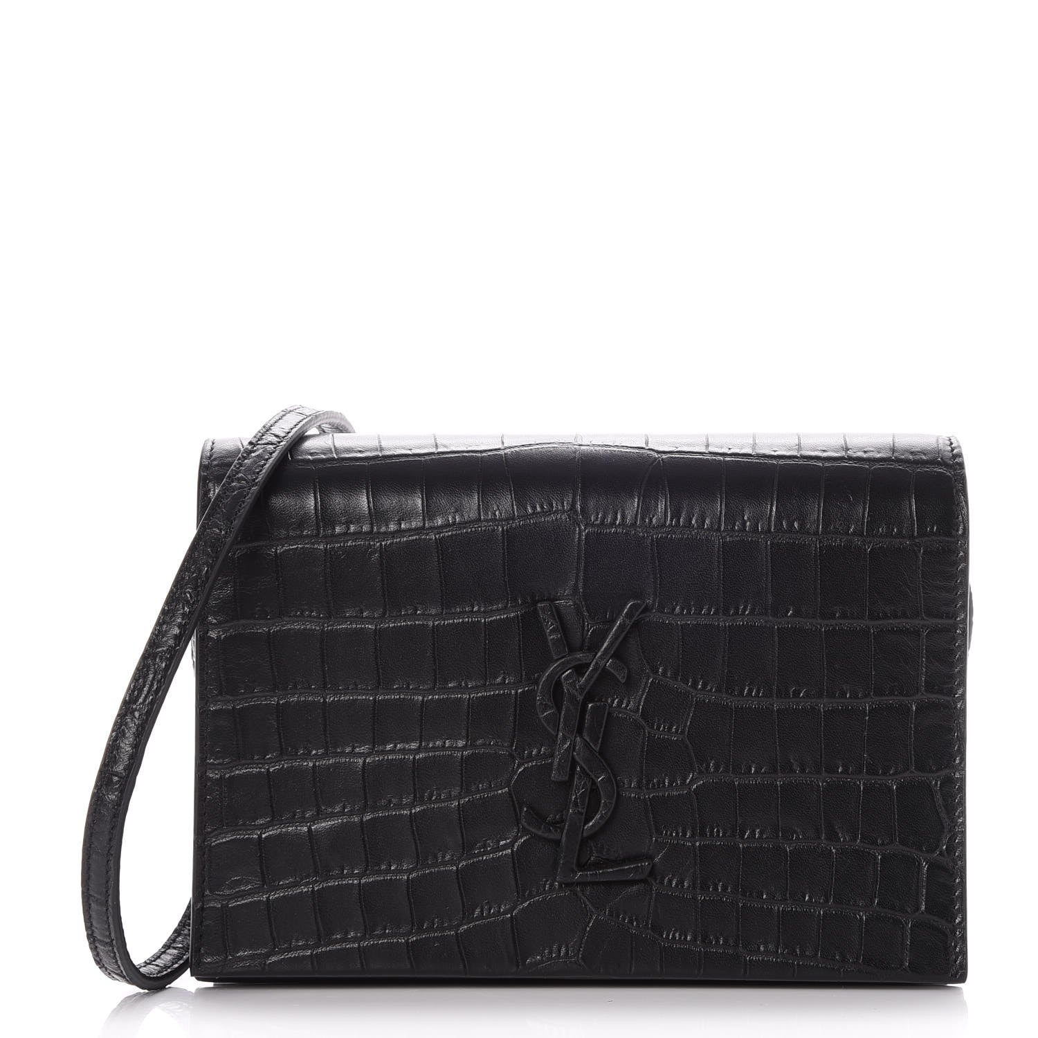 Saint Laurent Calfskin Crocodile Embossed Monogram Toy Kate Strap Wallet Black 2 of 13