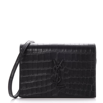 Saint Laurent Calfskin Crocodile Embossed Monogram Toy Kate Strap Wallet Black 2 of 13