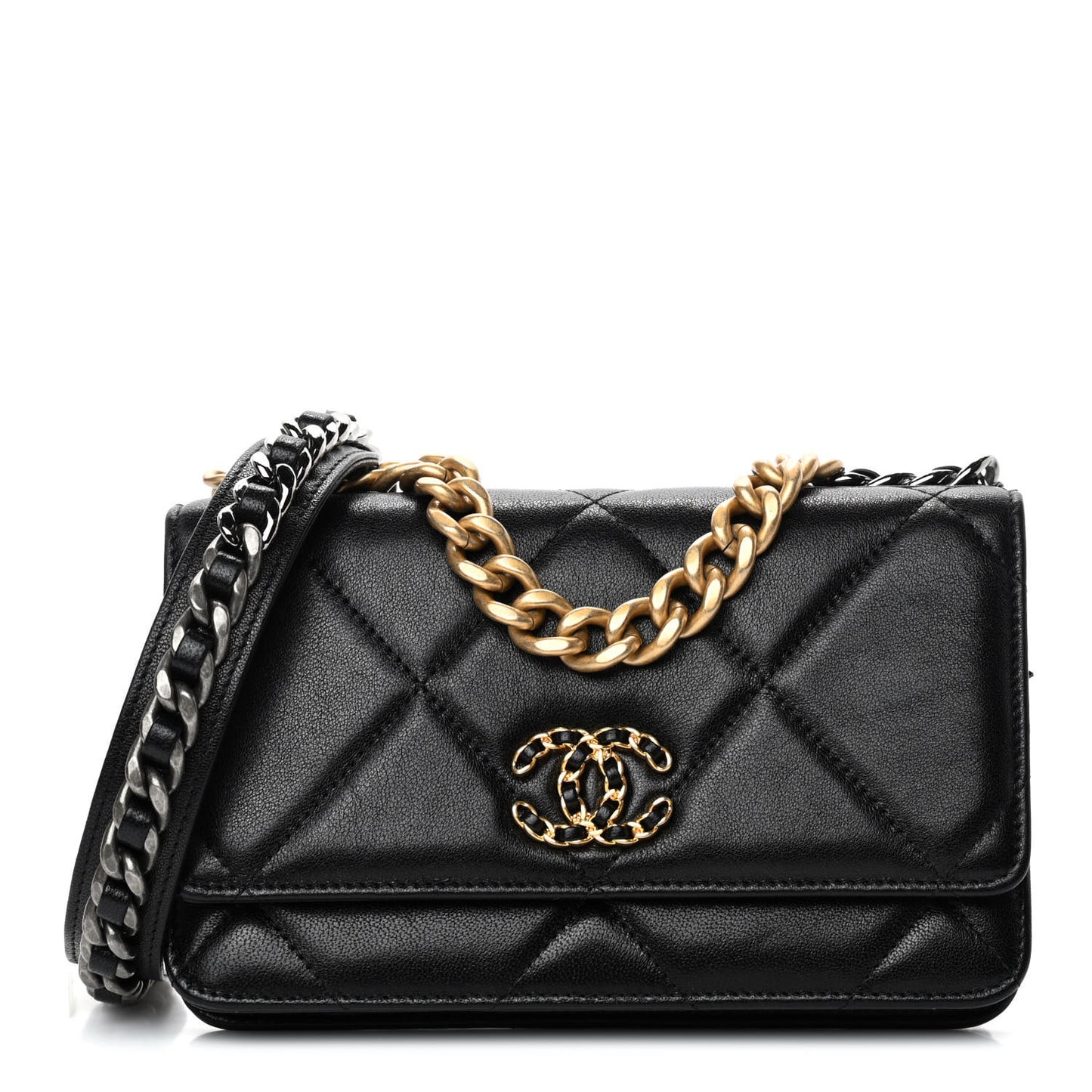 Chanel Shiny Goatskin Quilted Chanel 19 Wallet On Chain WOC Black