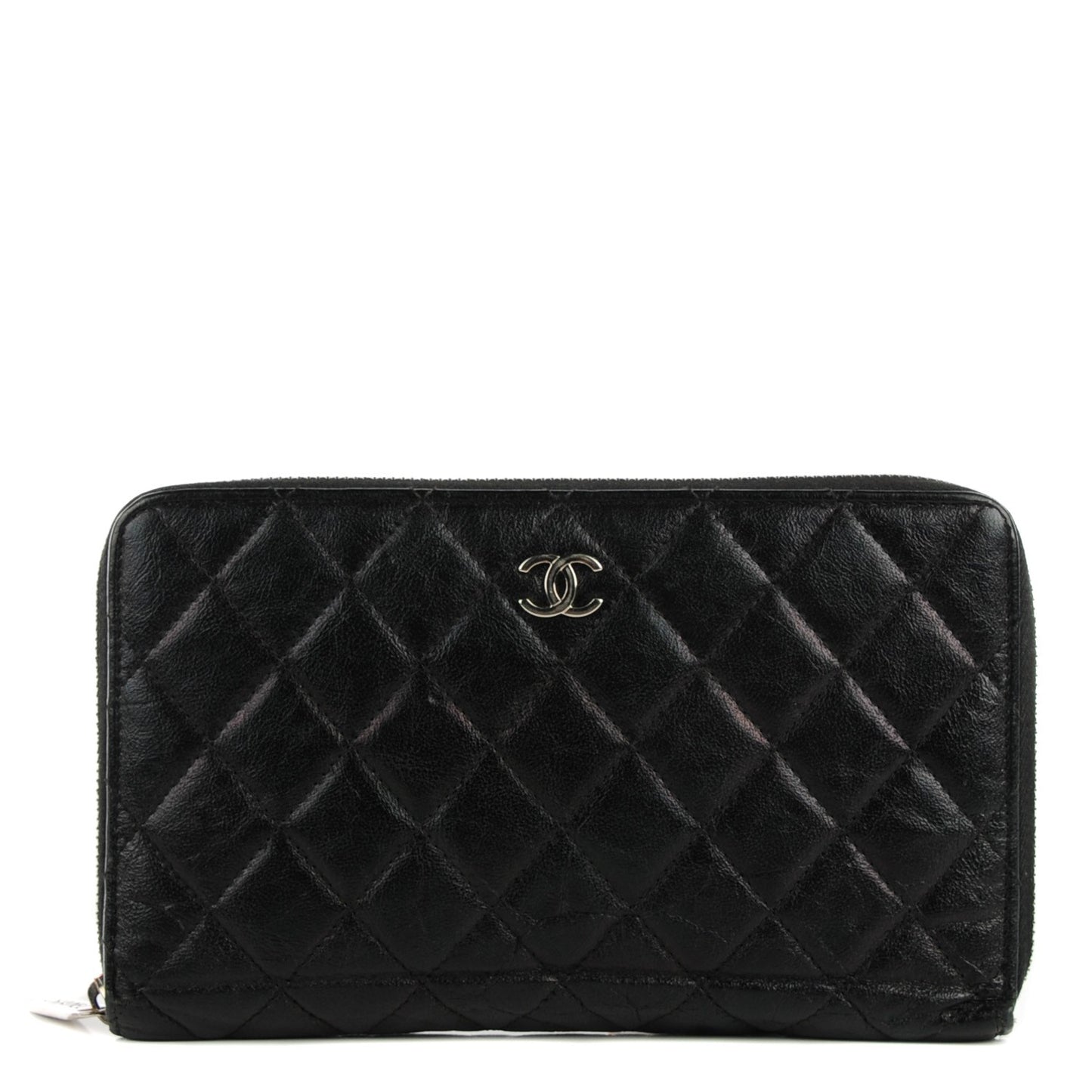Glazed Calfskin Quilted Large Zip Around Organizer Wallet Black