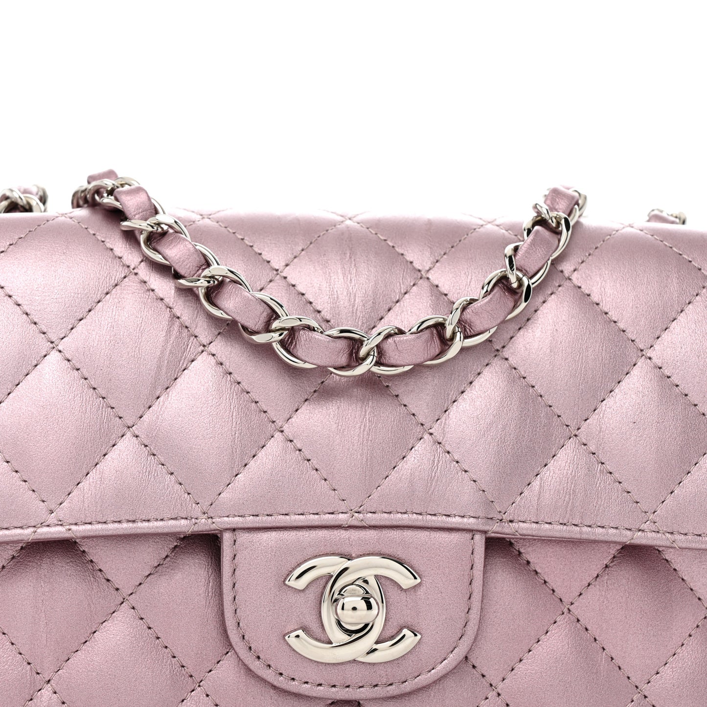 Metallic Calfskin Quilted Mini Rectangular Flap Pink