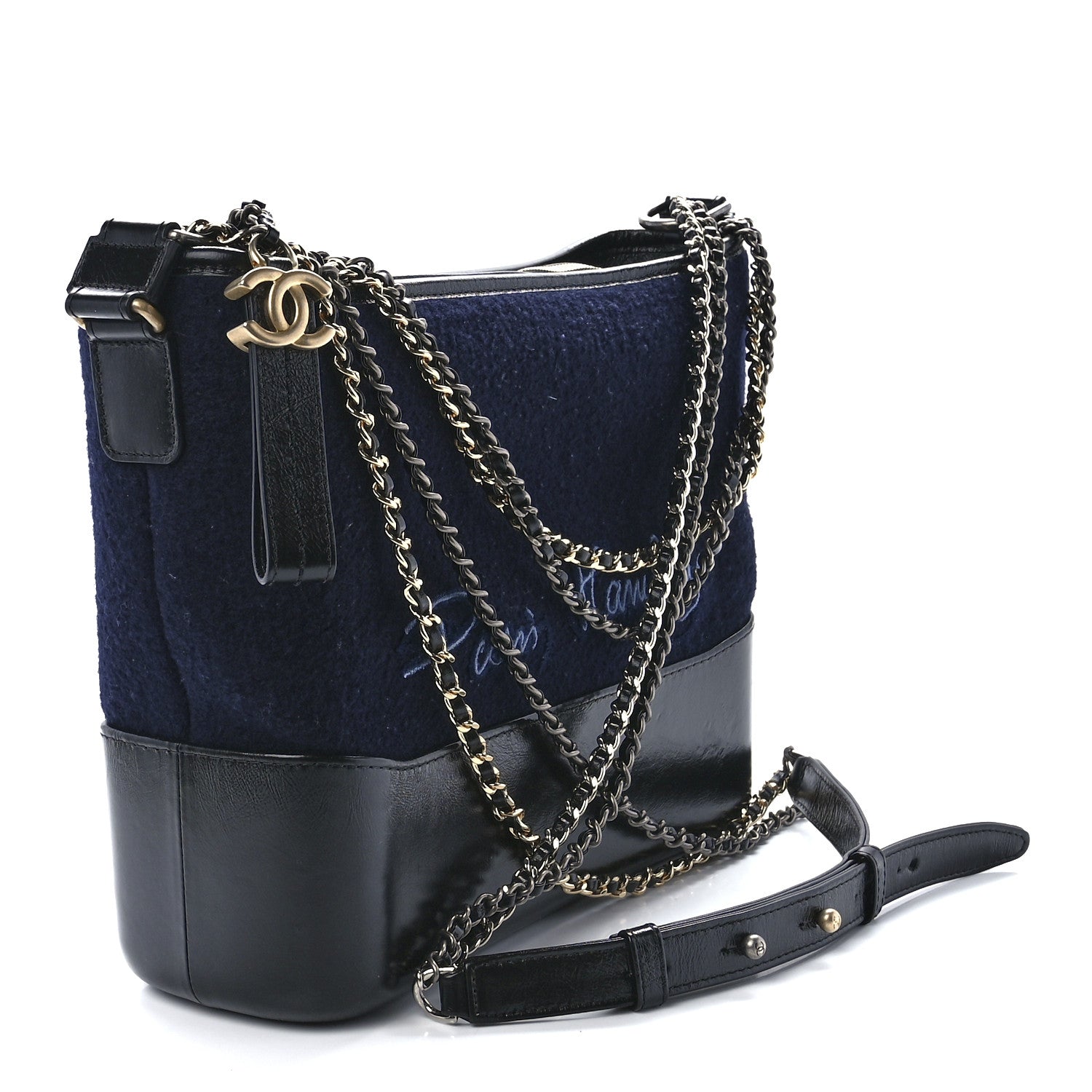 Chanel Calfskin Wool Embroidered Paris Hamburg Medium Gabrielle Hobo Dark Navy Blue 3 of 11