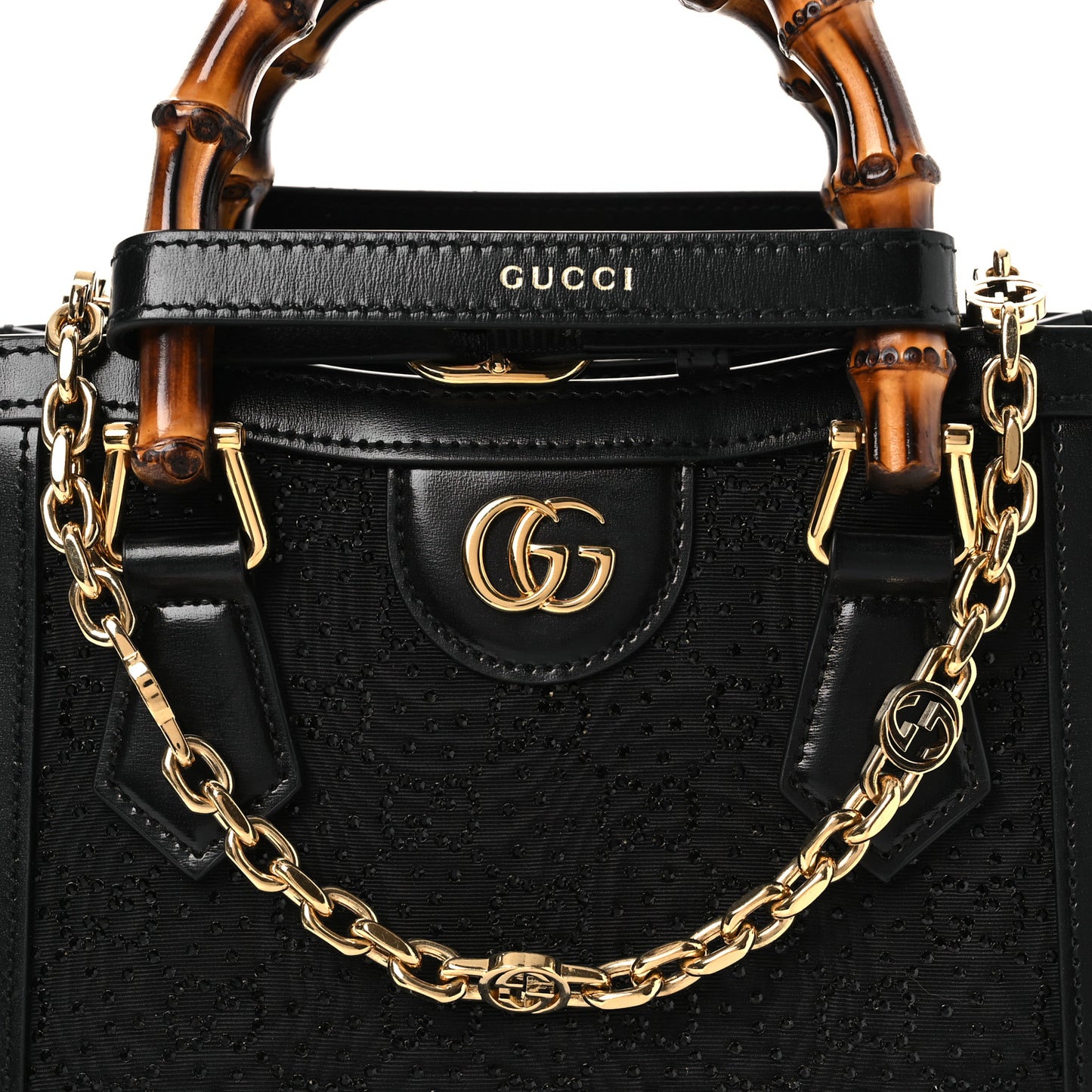 New Canvas Charisma Calfskin Crystal GG Monogram Mini Diana Tote Black