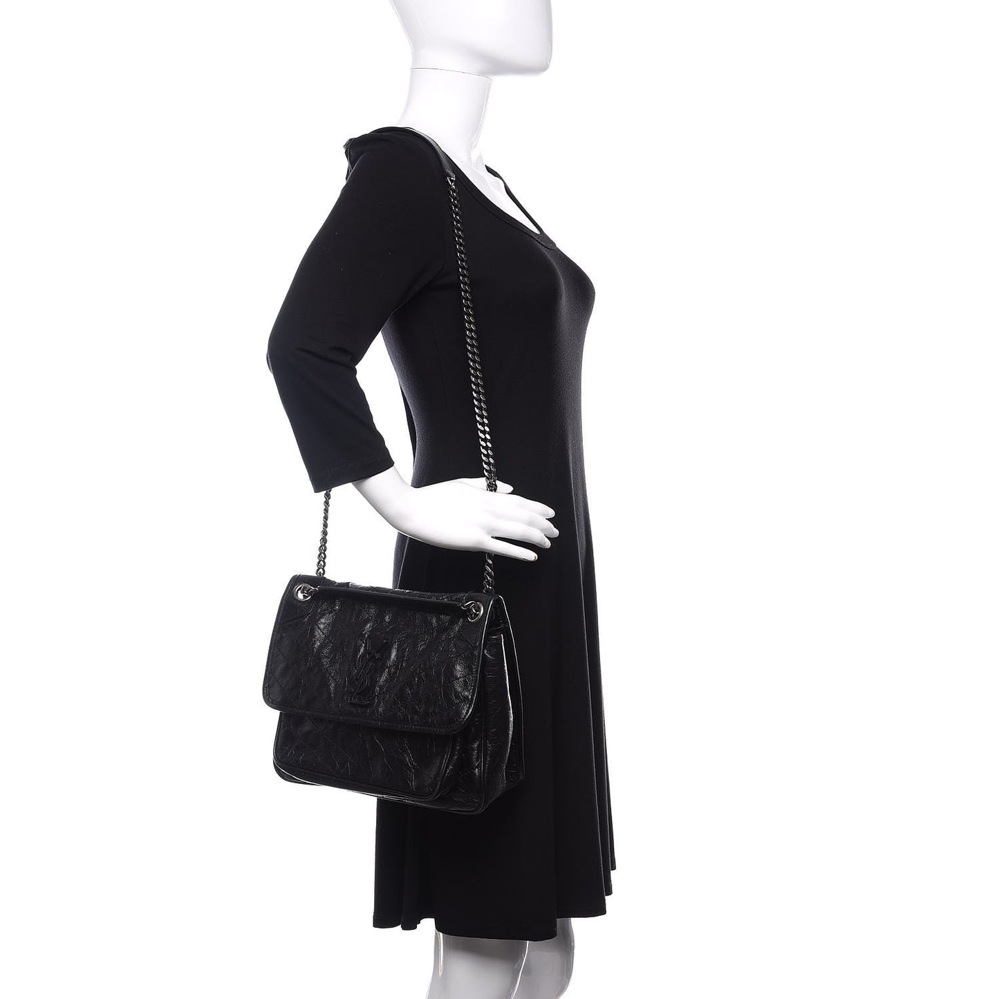 Crinkled Calfskin Matelasse Monogram Medium Niki Chain Satchel Black