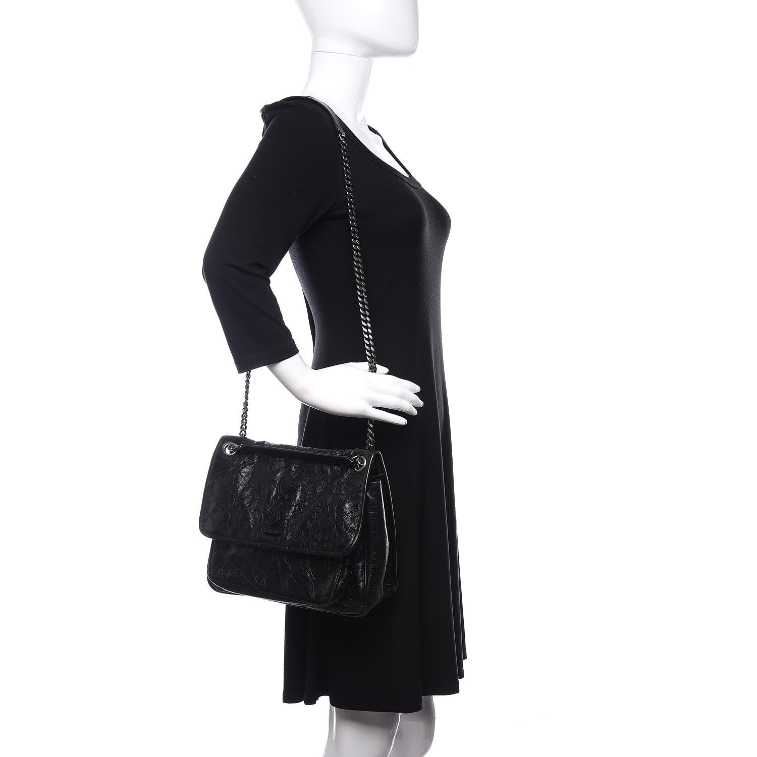 Saint Laurent Crinkled Calfskin Matelasse Monogram Medium Niki Chain Satchel Black 3 of 12