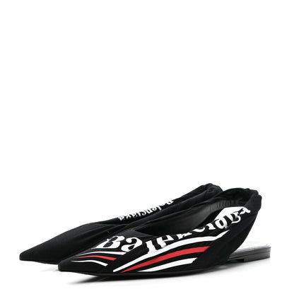 Balenciaga Jersey Crepe Political Campaign Logo Knife Pointed Slingback Flats 40 Black White Rouge 3 of 10