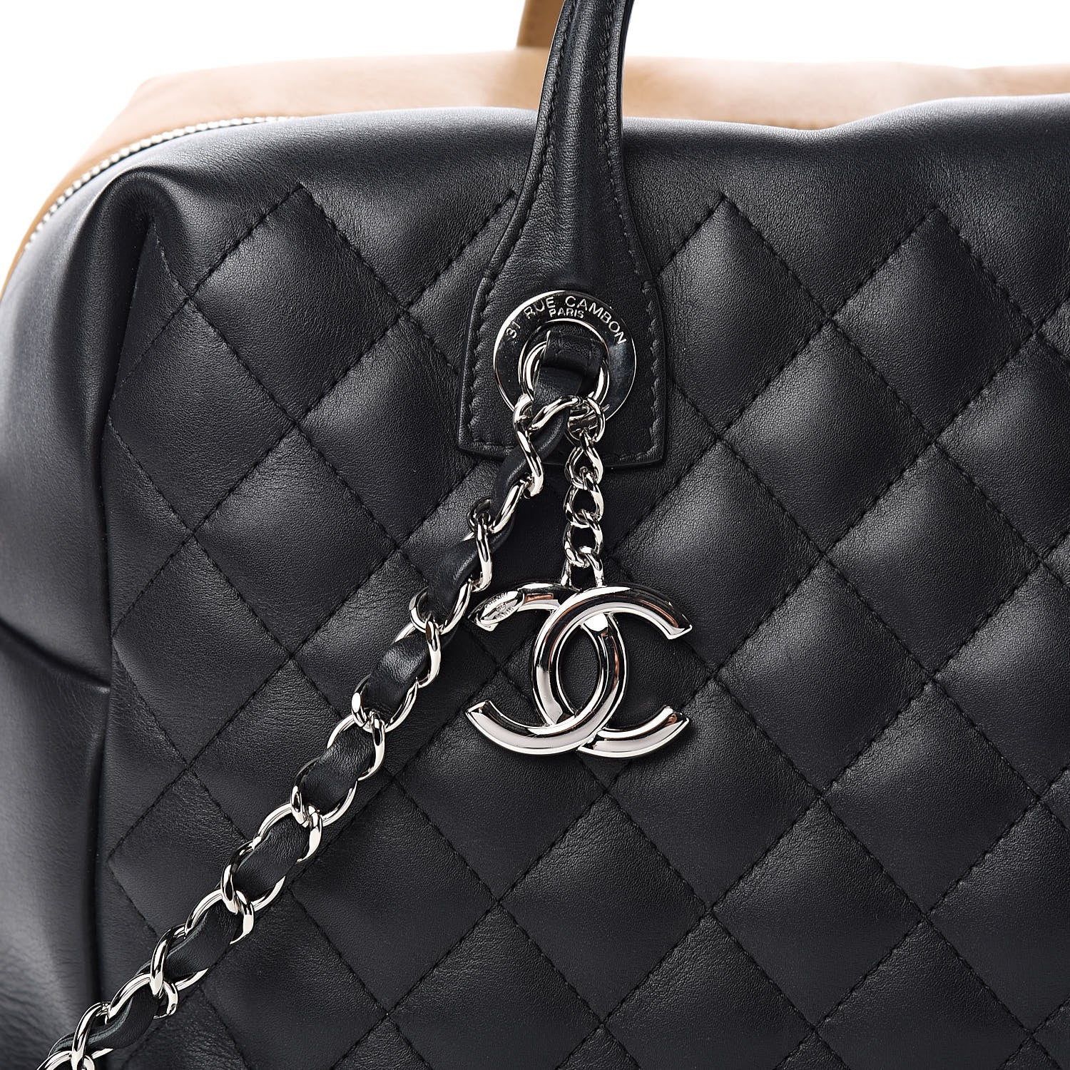 Chanel Calfskin Quilted Bi-Color Feather Weight Bowling Bag Black Beige 10 of 10