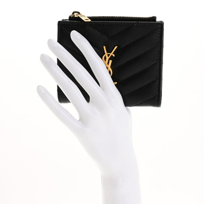 Saint Laurent Grain De Poudre Matelasse Chevron Monogram Zipped Card Case Black 2 of 9